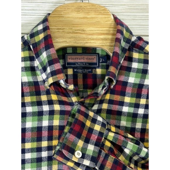 VINEYARD VINES Cotton Murray Shirt‎ Mens Large Navy Red Green Plaid Flannel - Picture 1 of 7